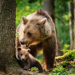 Fototapeta premium 青々と茂る森の中で、心豊かな子グマが木に登ったり、葉っぱをかき分けたりしながら遊んでいます。母グマは優しく見守りつつ、木の実や果物を見つけて食べている