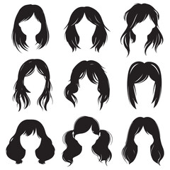 Female fashion hairstyle set. Woman head with haircuts, ponytail and bun, hair styles silhouette flat vector, Different various hairstyles icon