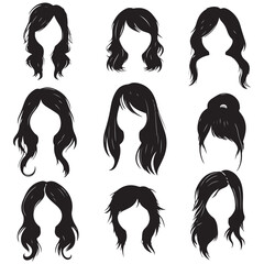 Female fashion hairstyle set. Woman head with haircuts, ponytail and bun, hair styles silhouette flat vector, Different various hairstyles icon