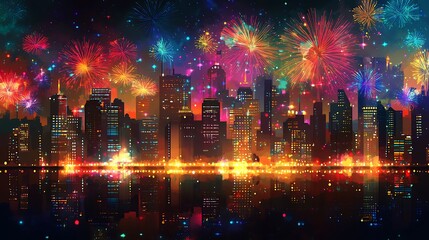 Fototapeta premium A vibrant display of fireworks explodes over a city skyline, illuminating the night sky with dazzling colors.