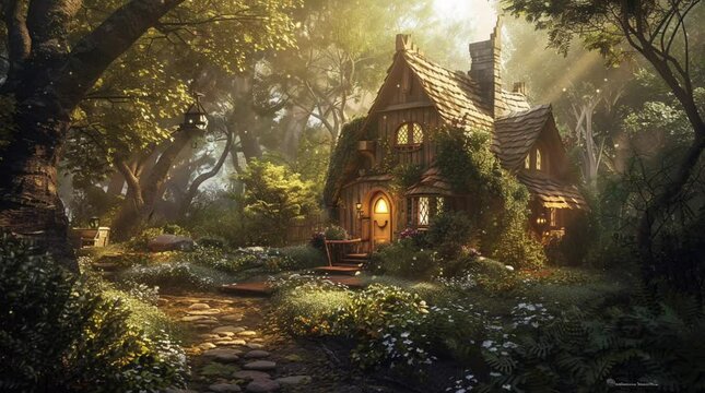 Enchanting fantasy house nestled in a mystical forest, illuminated by the soft glow of evening light, creating a magical atmosphere. Seamless looping 4k time-lapse virtual video animation Generated AI