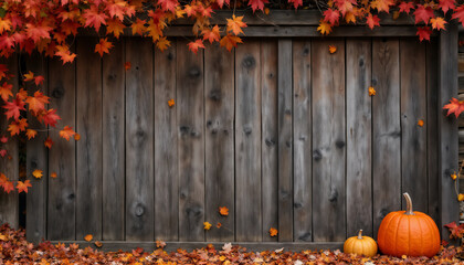 Halloween decorations with pumpkins on the background of a wooden wall, autumn season