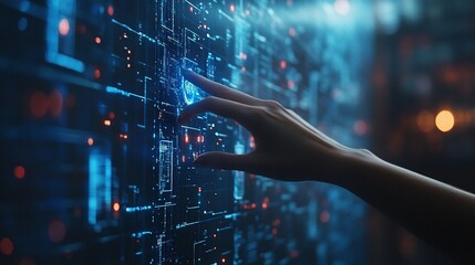 A hand reaches out to touch a glowing blue icon on a futuristic digital display.