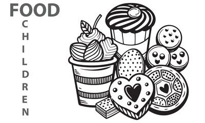 Cookies. Collection. Stock vector illustration. Hand drawing. Black White Sketch Isolated White Background Postcards Cafe Design Confectionery Valentine's Day