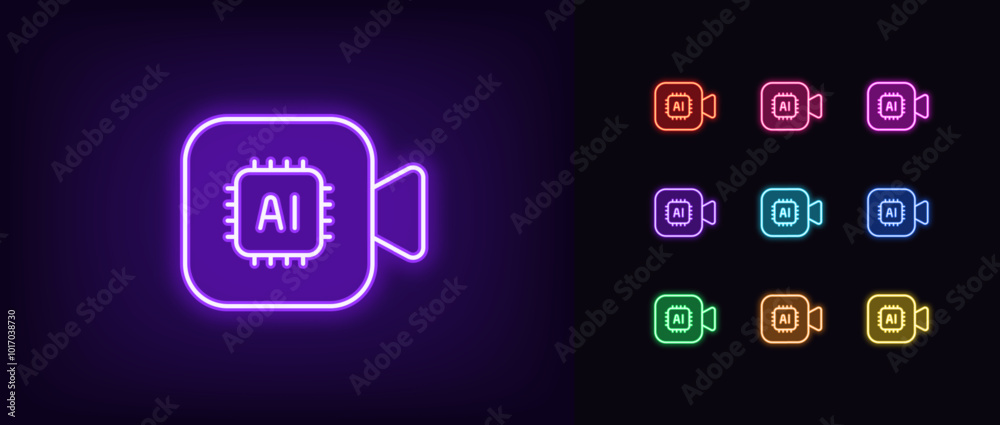 Poster outline neon ai camera, icon set. glowing neon, ai video processing algorithms. neural network for g