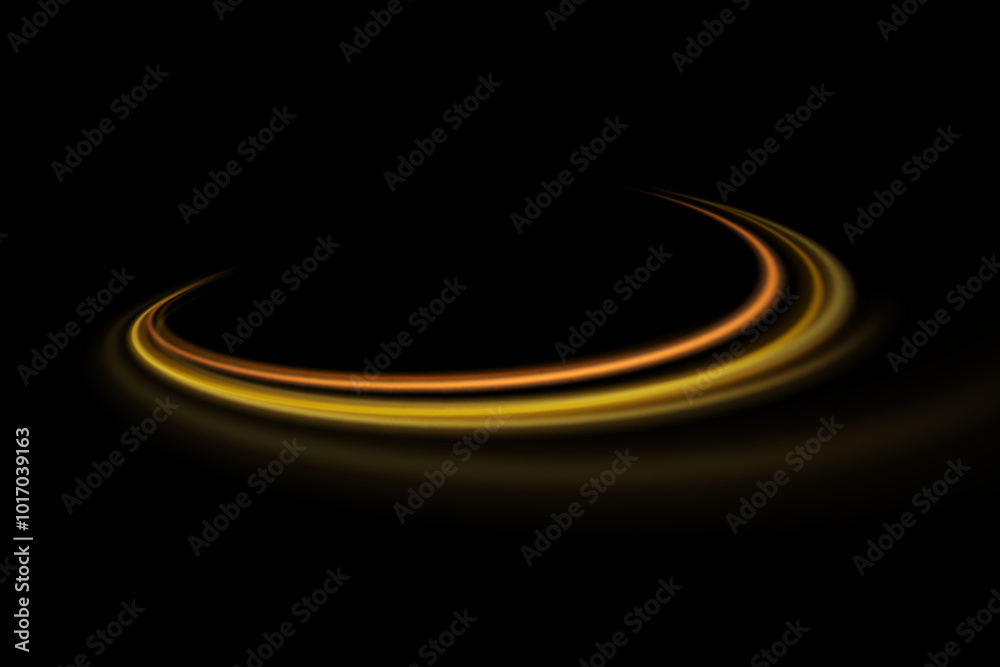 Poster Golden glowing swirl. The effect of moving at the speed of light. Easy trail. Shiny wavy path. Vector.Neon light.