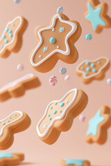 Floating gingerbread cookies with pastel icing decorations, fun holiday treat, light and playful dessert, festive Christmas snack in whimsical winter scene