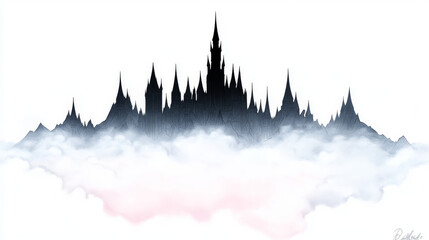 Obraz premium A mysterious black castle sits above the clouds, its towers reaching towards the sky.