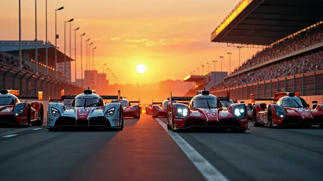 Multiple Racing Cars Lined Up at a Track on a Sunset | 
Grid Start | Speed Frenzy 