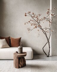Minimalist living room interior with a white sofa, a wooden side table, and a vase with branches against a neutral wall.