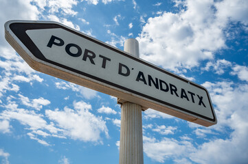 Port Andratx, Mallorca sign at the harbor with sky in the background, Majorca, horizontal low angle...