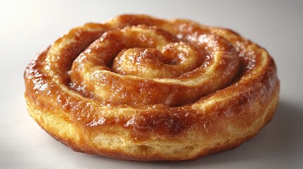Warm and sticky spiral pastry rests gracefully, showcasing its rich buttery texture
