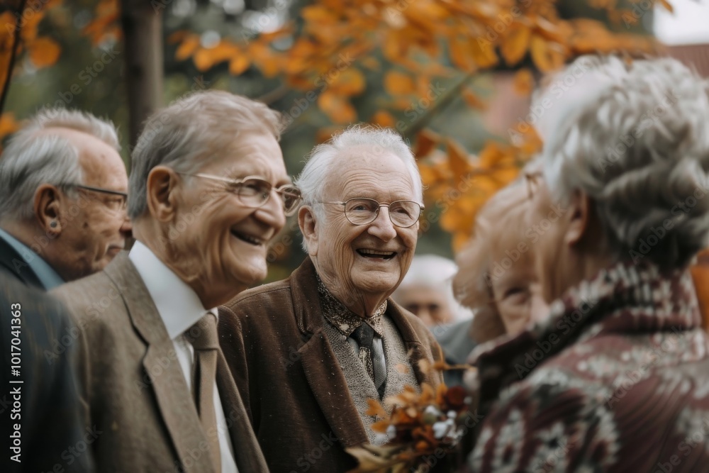 Poster 70th anniversary of the collapse of Communism in Central Europe. Elderly people in park.