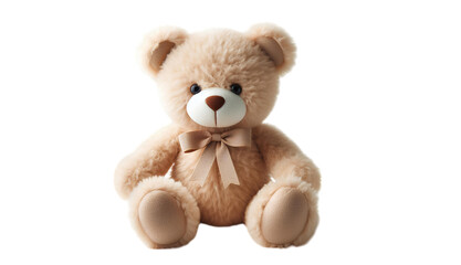 Obraz premium Adorable fluffy teddy bear with a soft beige fur and ribbon bow, sitting against a light background, symbolizing comfort, childhood memories, and warmth.