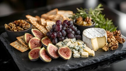 deska serów, ser brie, ser cheddar, ser pleśniowy, winogrona, figi, orzechy, deska do serwowania, elegancka prezentacja, przekąska, wykwintna kuchnia, talerz serów, deska łupkowa, luksusowe jedzenie, 