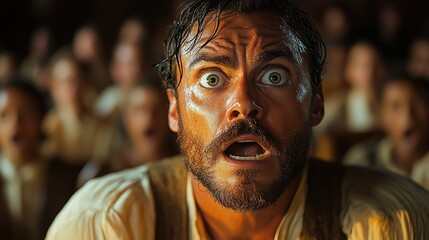 A surprised man with a beard stares wide-eyed, with an astonished crowd in the background.