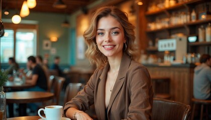 Smiling Woman Relaxing with Coffee in a Cozy Café