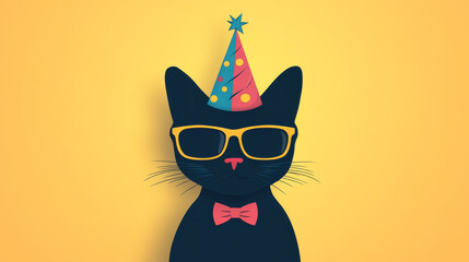 A black cat wearing sunglasses and a party hat, looking cool and ready to celebrate.