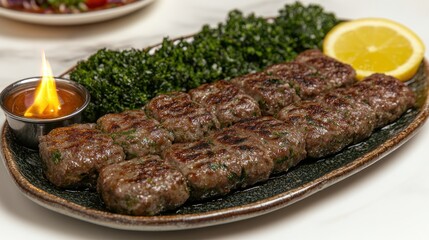 Grilled kofta skewers served with fresh greens and lemon, creating a flavorful dish