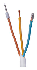 Electrical wires terminated in three different ways ready for assembly. Isolated background.