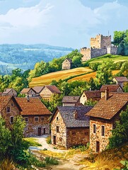 Picturesque village with a castle on a hill.