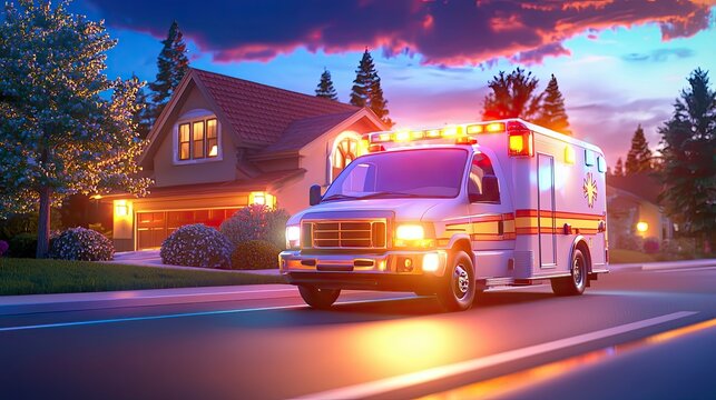 Side view of an ambulance driving down a suburban road with lights flashing, en route to an emergency.