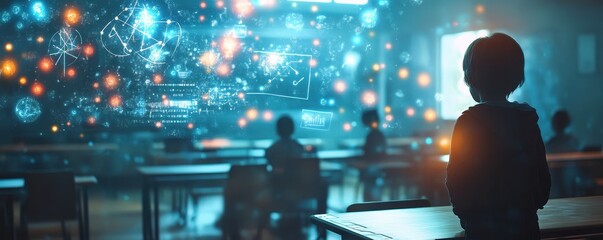 A child observes a captivating display of stars and galaxies in a classroom, inspiring imagination and curiosity about the universe.