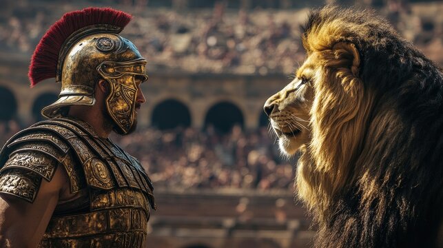 A fierce encounter between a gladiator and a lion in an ancient arena, showcasing bravery and the thrill of the spectacle.