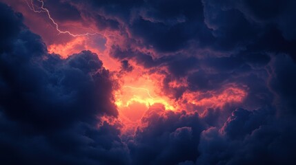 A dramatic sky filled with dark clouds illuminated by fiery orange light and lightning.