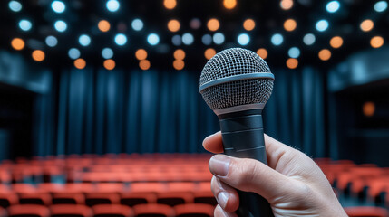 A single hand holding a microphone with a blue curtains and chairs at a lecture hall or auditorium the background and space for text