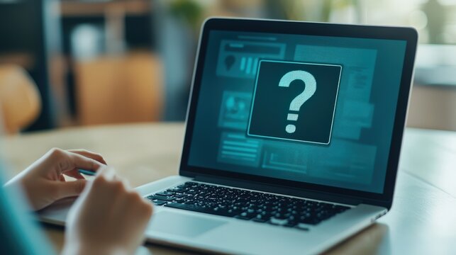 A person using a laptop with a question mark on the screen, symbolizing uncertainty or inquiry in the digital age.