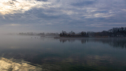 Blue sky with clouds and reflection for background. Keszthely city, Lake Balaton of Hungary