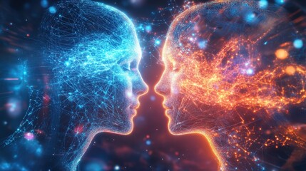 Abstract representation of human connection, showcasing vibrant blue and orange faces merging through energetic particles and light.