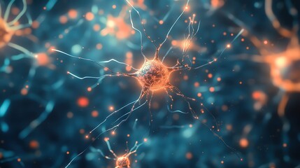 Abstract representation of neuron cells with glowing connections and vibrant colors, symbolizing communication in the nervous system.
