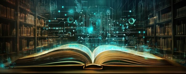 An open book in a mystical library, featuring glowing texts and digital elements that symbolize knowledge and innovation.