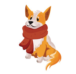 Cute cartoon dog in a red scarf, puppy. Animals in autumn. Vector illustration