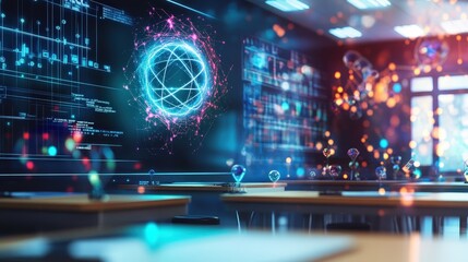 Futuristic classroom showcasing advanced technology, digital screens, and educational graphics for modern learning environments.