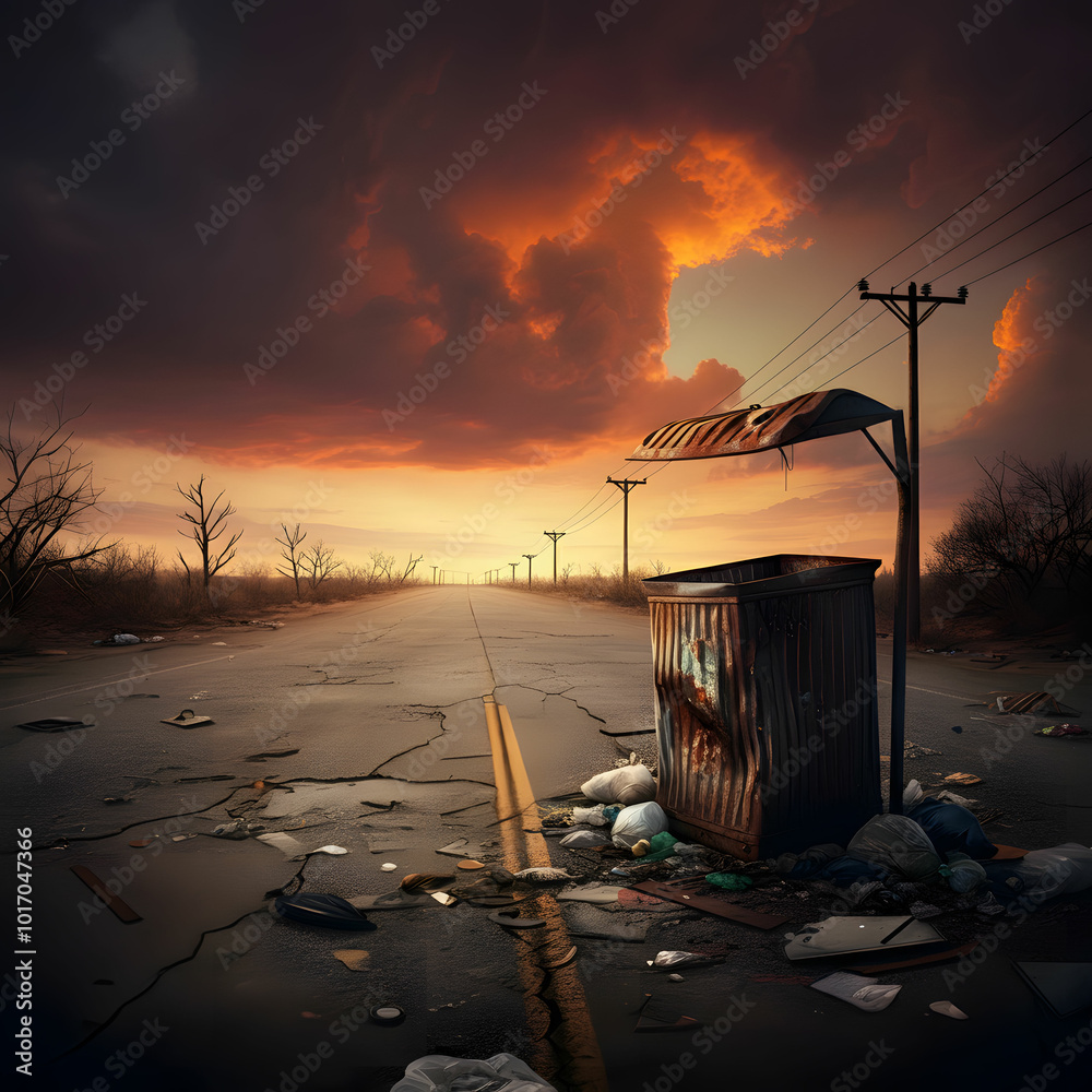 Wall mural sunset on an abandoned road with trash can , sunset in the city