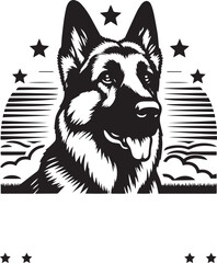 German Shepherd With Stars Black And White Illustration