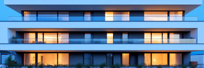 Obraz premium Modern apartment building with glowing windows at dusk.