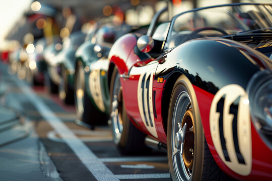 Fototapeta A row of vintage race cars are lined up on a track
