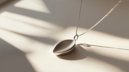 A minimalist silver pendant on a sleek chain, standing out boldly against a clean white background.