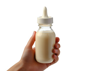 Infant Care Essentials, Baby Bottle with Milk Held in Hand on Transparent Background