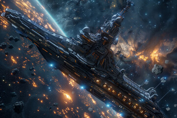 A large space ship is flying through a space filled with debris and stars