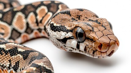 Fototapeta premium A puff adder snake stretched out on a white background, showcasing its patterned scales and deadly appearance.