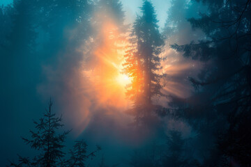 Naklejka premium A forest with trees and a sun shining through the trees