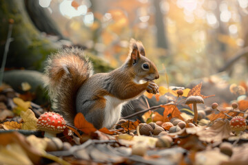 Obraz premium A squirrel is eating a mushroom in the fall
