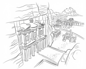 Obraz premium A pencil-drawn architectural illustration of Machu Picchu in Peru. 