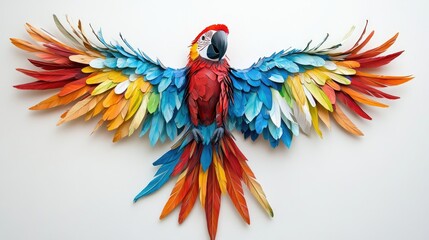 Obraz premium A vibrant parrot with outstretched wings, its colorful feathers in full display, set against a white background.