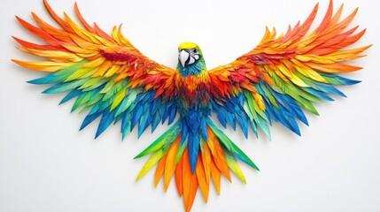 Obraz premium A vibrant parrot with outstretched wings, its colorful feathers in full display, set against a white background.